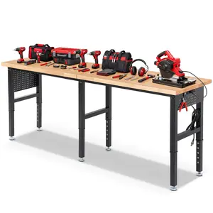 ENJOYWOOD Workbench 96 x 24 Inch Adjustable Height Heavy Duty Work Table with Power Outlets & Extended Pegboard 5000 Lbs Load Capacity Rubber Wood Top Workstation for Garage, Workshop, Home, Office