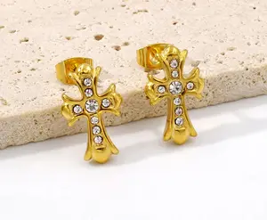 Gold Cross Stud Earrings - Gold Plated with Rhinestones for Women's Fashion Jewelry