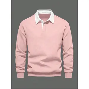 Men’s solid-color button-front polo-collar sweatshirt, regular fit casual long-sleeve pullover for fall and winter, men’s clothing for daily wear