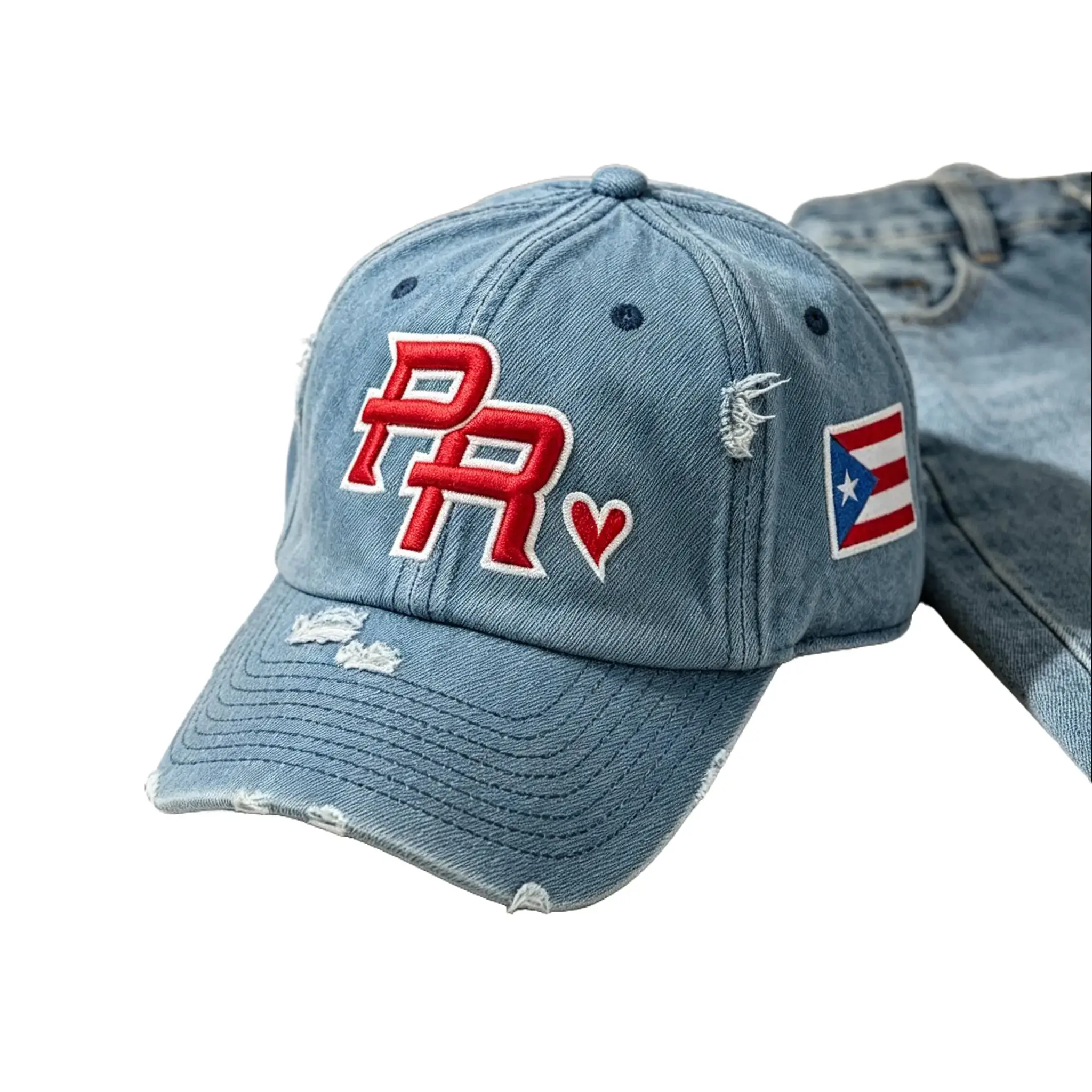 PR Heart Flag Baseball Cap - Distressed Denim Style with Puerto Rican Flag Patch and Red Heart Embroidery
