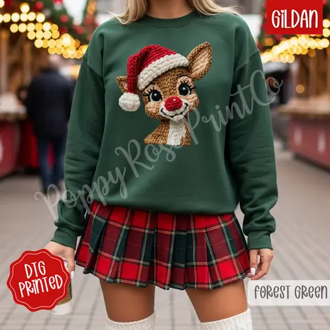 Faux Crochet Rudolph Sweatshirt, Trendy Women's Christmas Crewneck