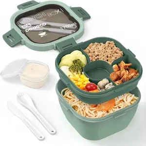All-In-One Salad Container, Large Salad Bowl, Bento Box Tray, Leak-Proof Sauce Container, Dishwasher Microwave Safe, Reusable Food Storage, Microwavable Bento Box