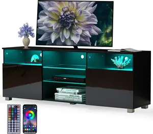 High Glossy LED Black TV Stand for 55/60/65/70/75/80 inch TV,Modern LED Entertainment Center with Adjustable Storage Shelves,Game Console Entertainment Center,TV Table Media Furniture (Black)