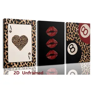 Set of 3: Stylish leopard-print wall art, leopard-print wall decor, No. 8 ball artwork, and red lips wall art. A stylish black aesthetic canvas perfect for girls' dorms, bedrooms, and home decor. Frameless.