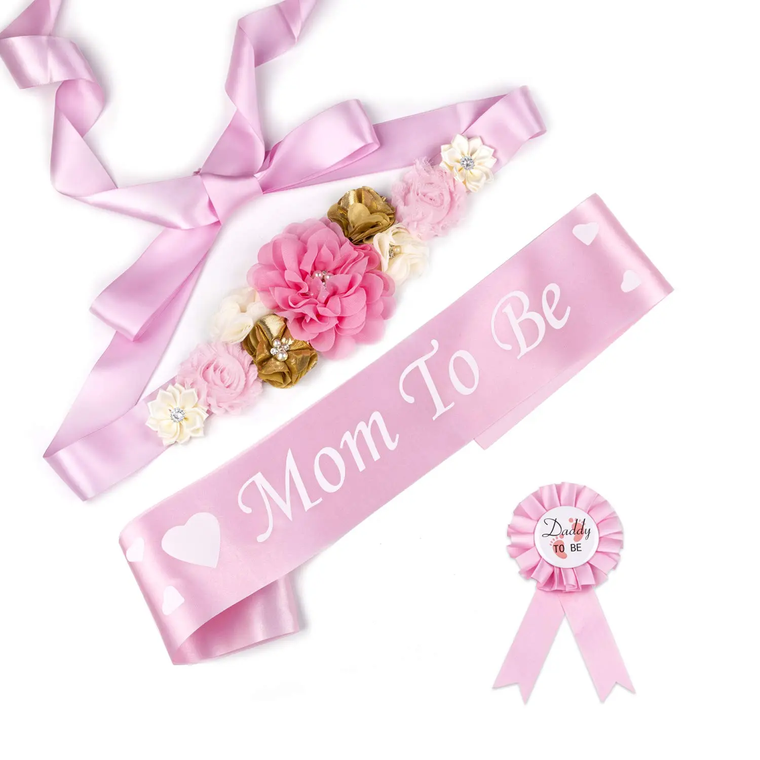 3PCS Belts for Expectant Mothers, Pink Flower Belts And Badges, Maternity Belts And Corsage Sets for Mom And Dad, Pearl Flower Belts, Suitable for Gender Disclosure Parties, Maternity Photo Shoots