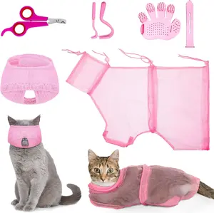 6-pcs complete set of cat grooming tools, including a cat washing bag, headband, nail clipper, massage comb, tick hook, a one-stop home kit for cats to bathe, nail clipper, ear canal cleaning, and daily home care