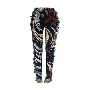 Navy Blue Tassel Pants with Abstract Artistic Print and Fringe Detail for Stylish Outfits