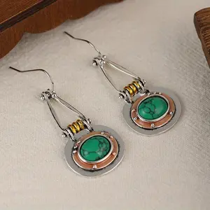 Ethnic Oval Shape Metal Set Green Stone Earrings Women Vintage Two Tone Personalized Hook Drop Earrings Jewelry