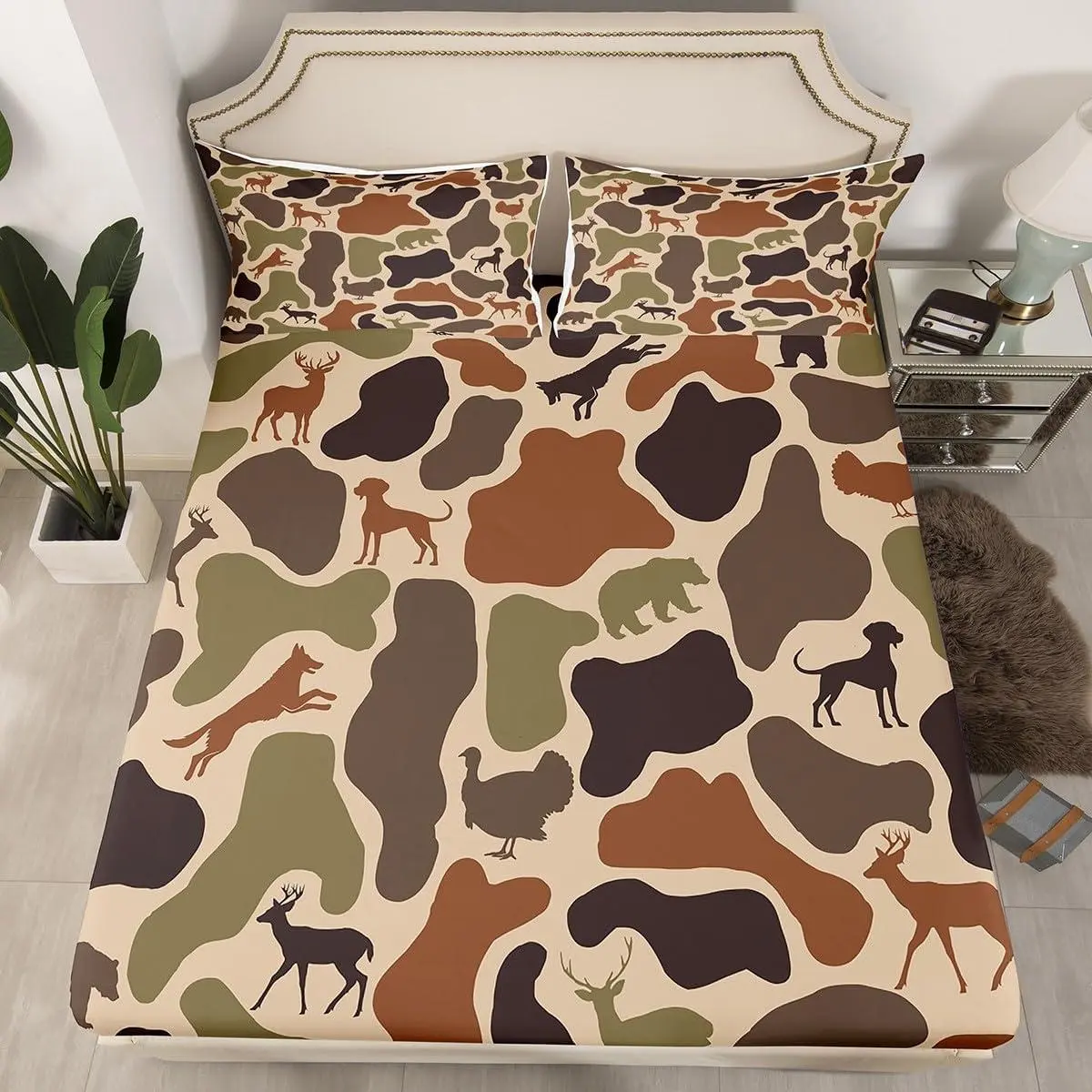 Deer Bear Fitted Sheet Camo Bed Sheets Hound Turkey Wolf Army Print Bedding Set for Kids Boys Girls Brown Farmhouse Camouflage Sheets