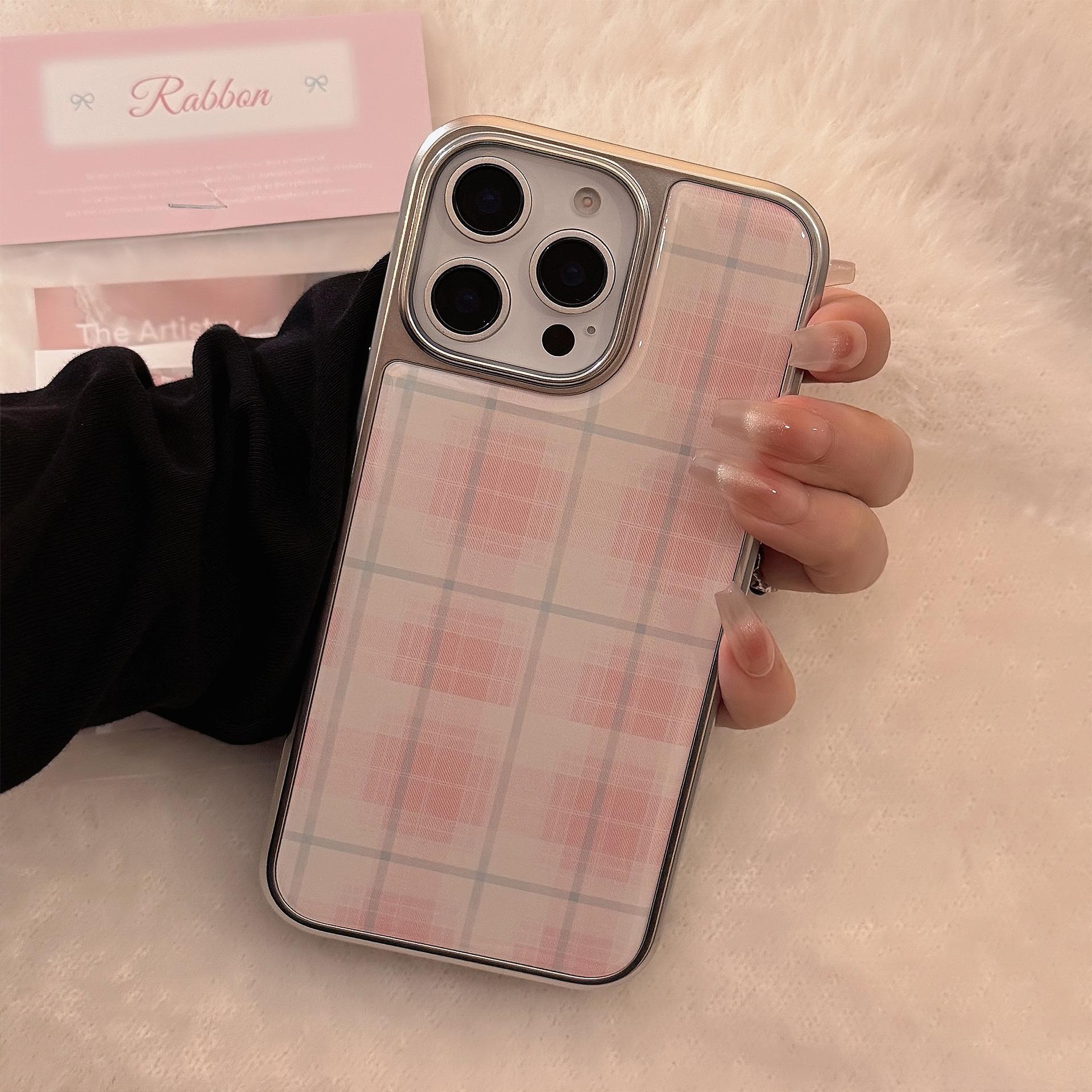 Pink Plaid Phone Case — Compatible with iPhone 16, 15 Pro Max, and 14 Models; Resin-Coated, Sweet Style, Electroplated Finish