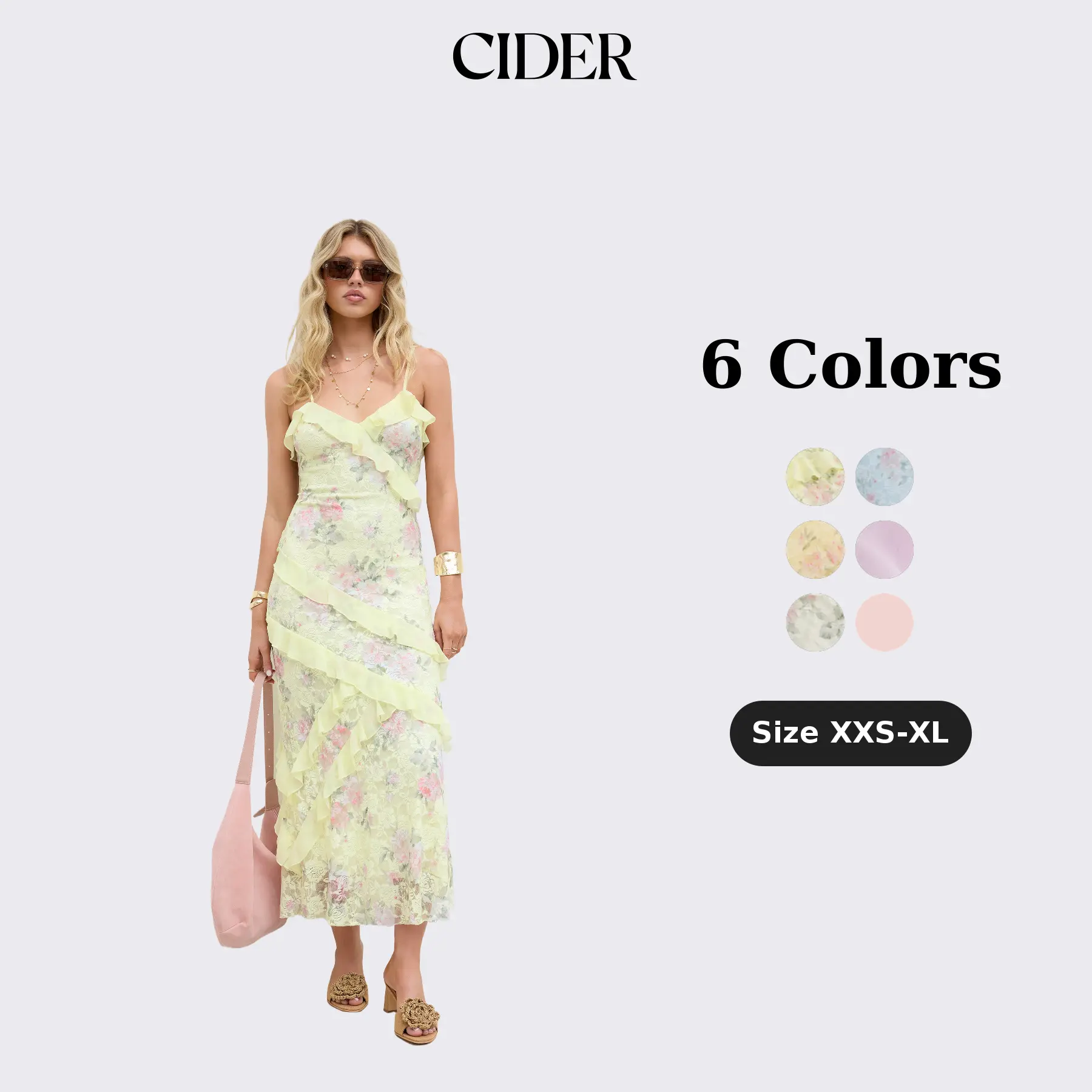 Cider Women's Lace V-neck Floral Ruffle Maxi Dress, Cute Floral Maxi Dress for Summer Vocation and Beach Wear, Ladies Sweetheart Maxi Party Dress for Summerfashion, Fairy Maxi Dress Layering Ruffle Design