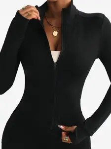 Women's Fashion Yoga Sports Jacket, High Elasticity Sportswear with Thumb Holes, Outdoor Running Yoga Fitness Zipper Coat, Sporty Breathable Outerwear, Athletic Outerwear, Athletic Jackets