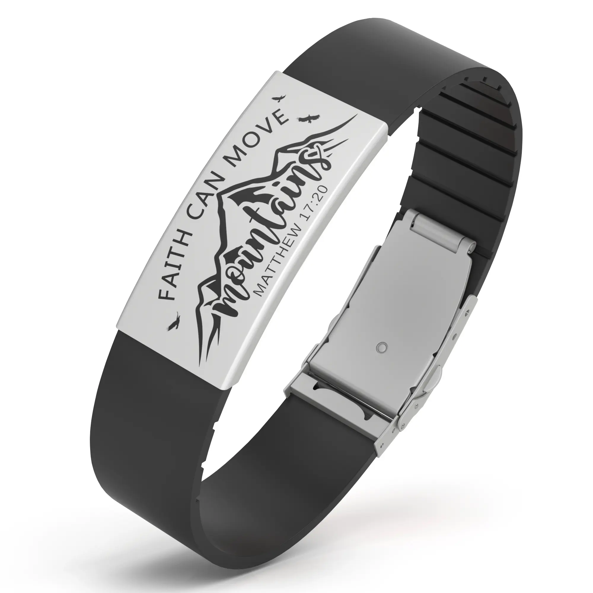 Faith Can Move Mountains Silicone Bracelet Band with Laser Engraved Bible Verse Matthew 17:20 – Adjustable Inspirational Christian Wristband for Men & Women