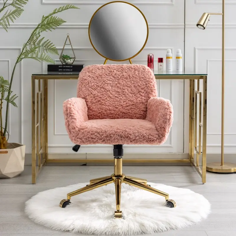 Office Desk Chair with Wheels & Arms, Comfortable Adjustable Swivel Computer Task Chairs Vanity Chair for Home, Office, Make Up Room, Small Space, Bedroom, Pink