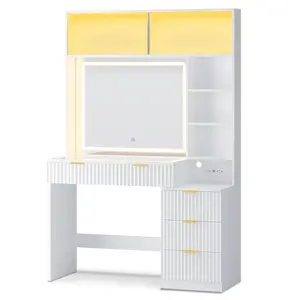 Fluted Makeup Vanity with Sync Music LED Lights and Glass Top White