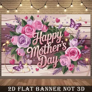 Summervibes 1pc Polyester 2D Flat Banner Backdrop, Happy Mother's Day & Birthday Design with Red and Pink Heart Flowers, No-Electricity Required for Indoor Home Decor (Home & Festive Party Supplies)