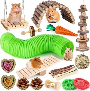 Hamster Toys Set, Guinea Pig Toys Small Animal Chewing Toy and Rat Cage Accessories, Chinchillas, Gerbils, Rats, Rabbit Rodents Teeth Care, Apple Wood Timothy Hay Mouse Toy Swing Seesaw Bridge