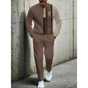 Men's Fashion New Retro Beige & Brown Block Semi-Cardigan Set with Crown Design Long-Sleeved Zipper for Autumn Winter Casual Formal Sportswear Set Ideal for Christmas Halloween Gifts