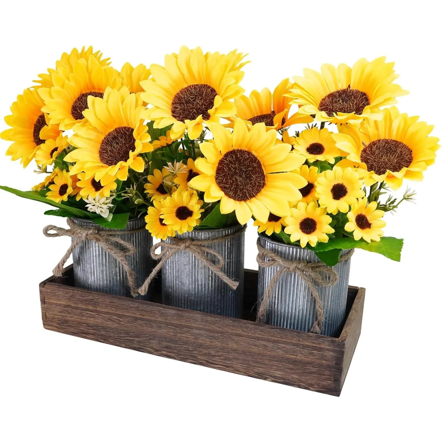 11" Silk Artificial Sunflower Floral Set (3 Pieces) with Rectangle Wooden Planter, Metal Tin Pot Centerpiece, Farmhouse Decor Arrangement, Room Decor for Rustic Wedding, Home Kitchen Table Shelf, Gift Box Included