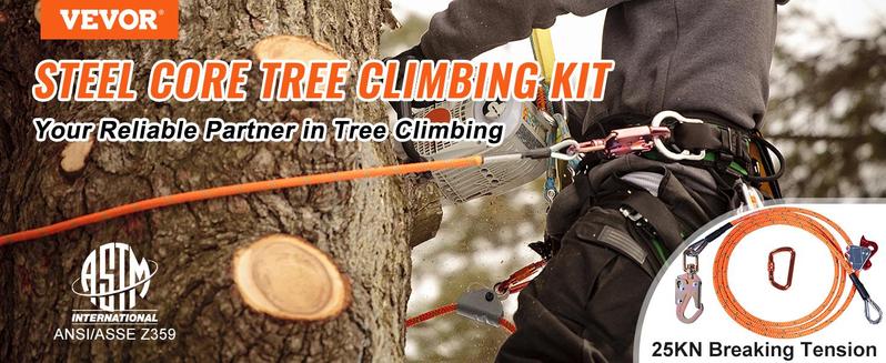 VEVOR Steel Core flipline, TikTokShopBlackFriday, 1/2" x 8' Arborist Flipline, Flip Line for Tree Climbing with Alloy Steel Snap Hook, Aluminum Alloy Carabiner and Extra Tool Lanyard, for Arborist, Tree Climbers
