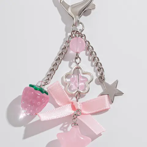 Cute Star & Strawberry & Bowknot Design Keychain, Cute Charms Keychain, Fashionable Alloy Keychain for Women & Girls, Trendy All-match Keychain for Birthday Gift, Cute Keychains