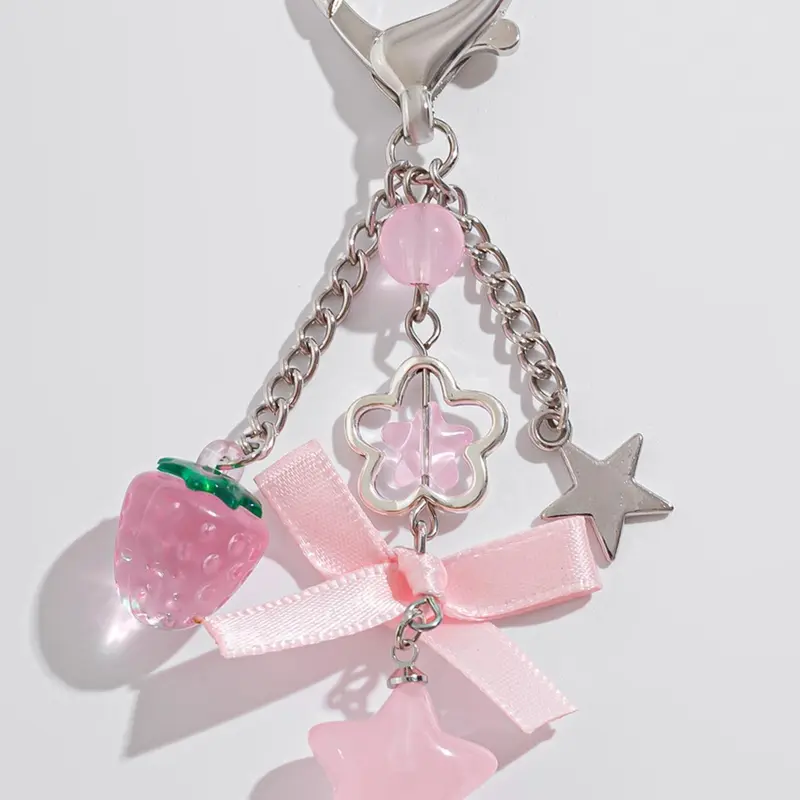 Cute Star & Strawberry & Bowknot Design Keychain, Cute Charms Keychain, Fashionable Alloy Keychain for Women & Girls, Trendy All-match Keychain for Birthday Gift, Cute Keychains