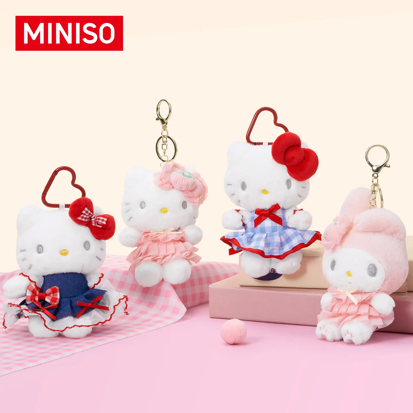 [Back to School] MINISO Sitting Melody Strawberry Tower & Sitting Hello Kitty Keychain Charm, Available In Plaid Denim, Blue Pastoral, Strawberry Tower Styles, Cute Cartoon Bag Pendant, Kawaii Accessory, Perfect School Bag Decor & Lovely Daily Gift