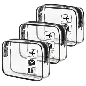 Approved Toiletry Bag, 3 Pcs Clear Toiletries Bags Quart Size Travel Makeup Cosmetic Bag for Women Men, Carry on Airport Airline Compliant Bag (Black)