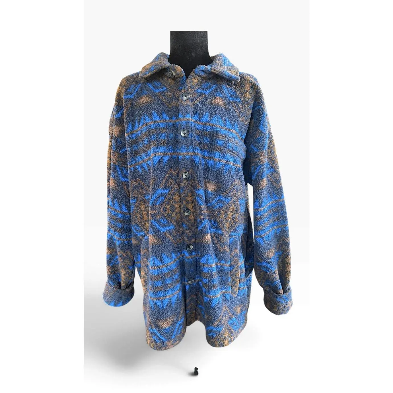 Edgar + Ash Mens Large Aztec Fleece Jacket Blue Brown Geometric Button Up L