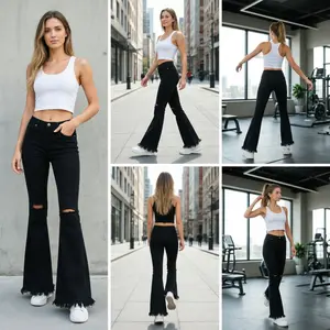 Lady's new stretch denim jeans with frayed hems and stretchy cuffs, featuring a slim fit and a black waistband. These are flared pants, trendy long pants suitable for women.