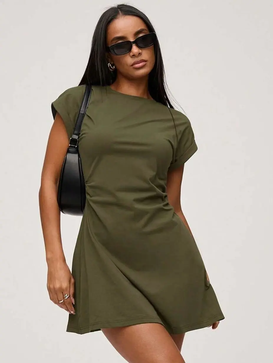 Knit Crew Neck Mini Dress, Casual Short Sleeve Stretchy Summer Bodycon Dress