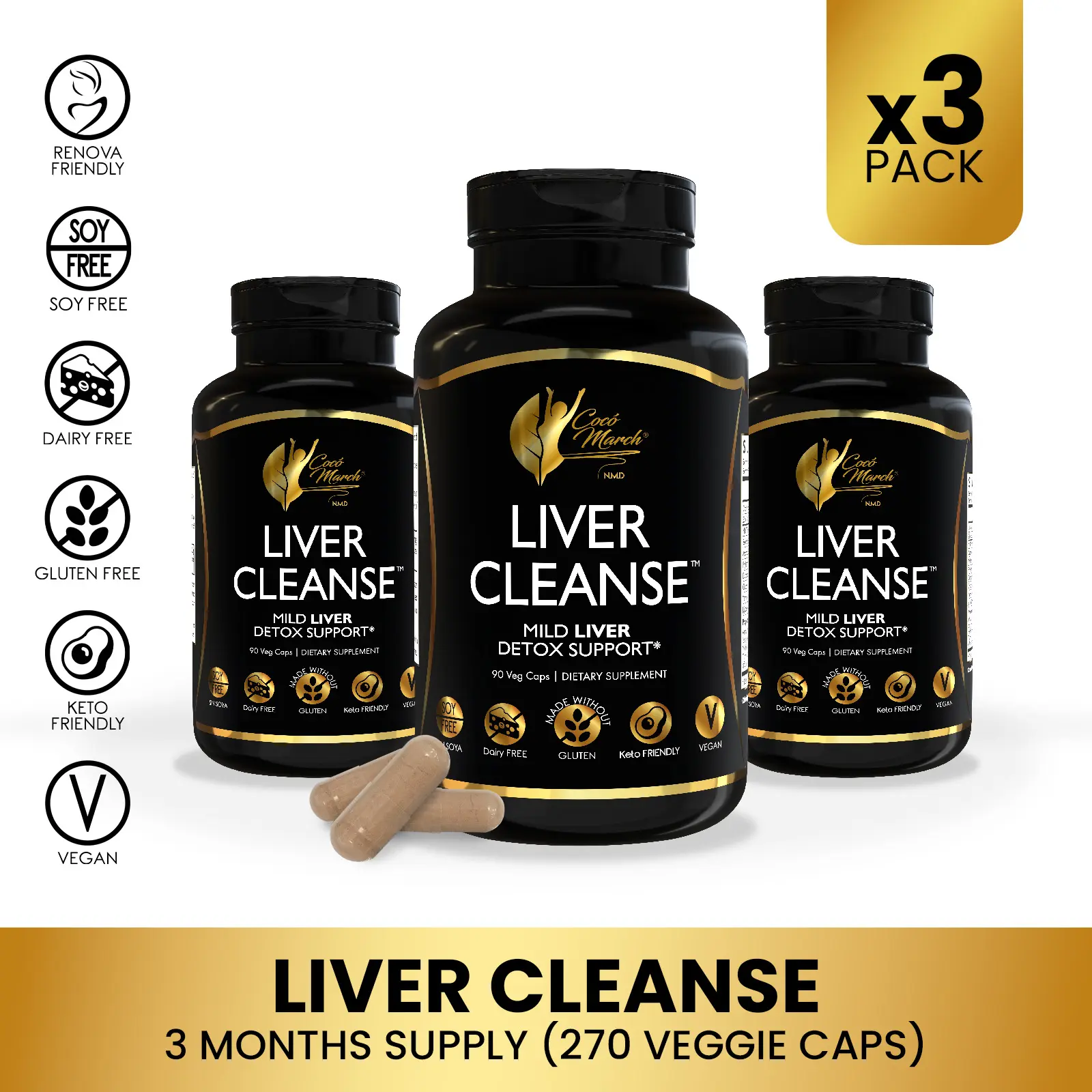 3 Bottles of Cocó March N.M.D Liver Cleanse, Healthy Digestion Support, Nutrient Rich, Antioxidant Properties - 90 Capsules Healthcare Supplement Dietary