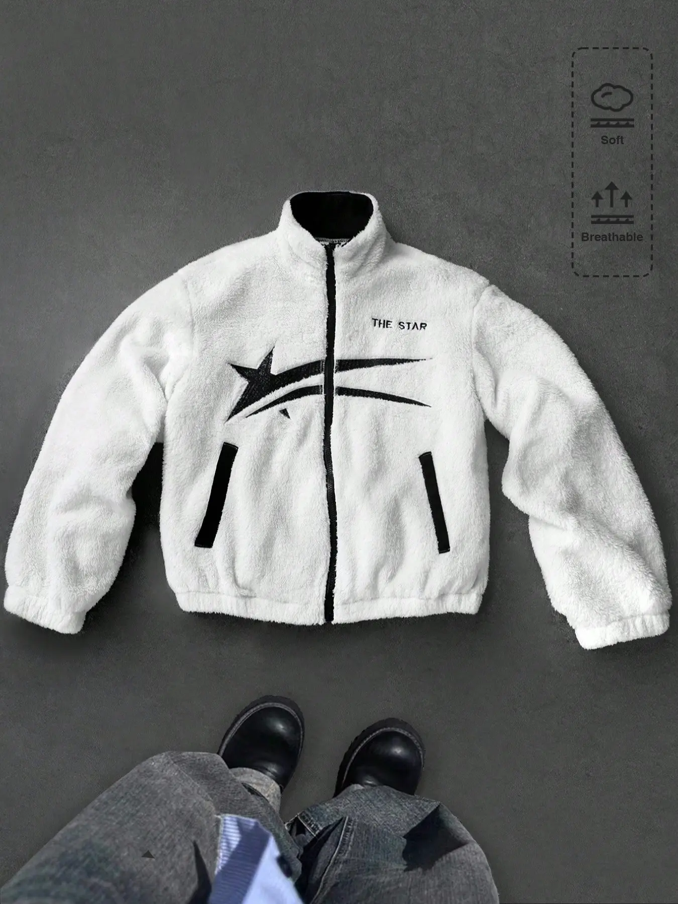 A winter and autumn-season warm, Soft jacket Coats, Warm outerwear, Unisex, featuring a white velvet material with star-shaped patterns, from Instagram, for casual street, leisure, commuting, back-to-school, and holiday outfits