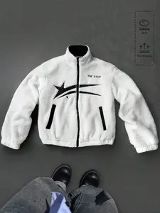 A winter and autumn-season warm, Soft jacket Coats, Warm outerwear, Unisex, featuring a white velvet material with star-shaped patterns, from Instagram, for casual street, leisure, commuting, back-to-school, and holiday outfits