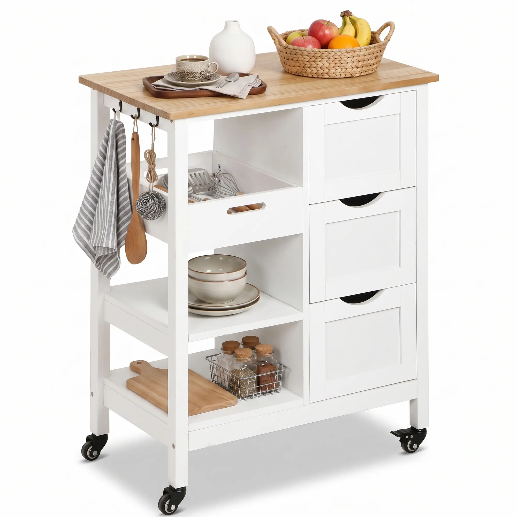 ZENY Wood Top Kitchen Island Cart, Mobile Serving Utility Cart W/ Lockable Wheels, 3 Drawers, Open Shelves,Towel Hooks, Microwave Cart Side Table for Dining Room, Bar, White