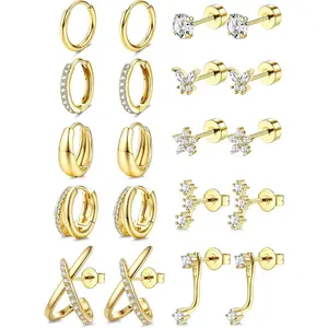 Hypoallergenic Flat Back Earrings for Women - 14K Gold Plated Surgical Steel Earring Stacks Set CZ Stud Huggie Hoop Earings for Cartilage Tragus Helix Sensitive Ears Silver Plated Jewelry 20G