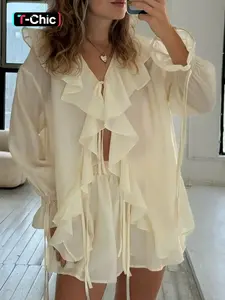 Women's Solid Ruffle Trim Blouse & Shorts Two-Piece Set, Casual Bishop Sleeve Long Sleeve Top & Shorts for Daily Wear, Ladies Two-piece Outfits for Summer