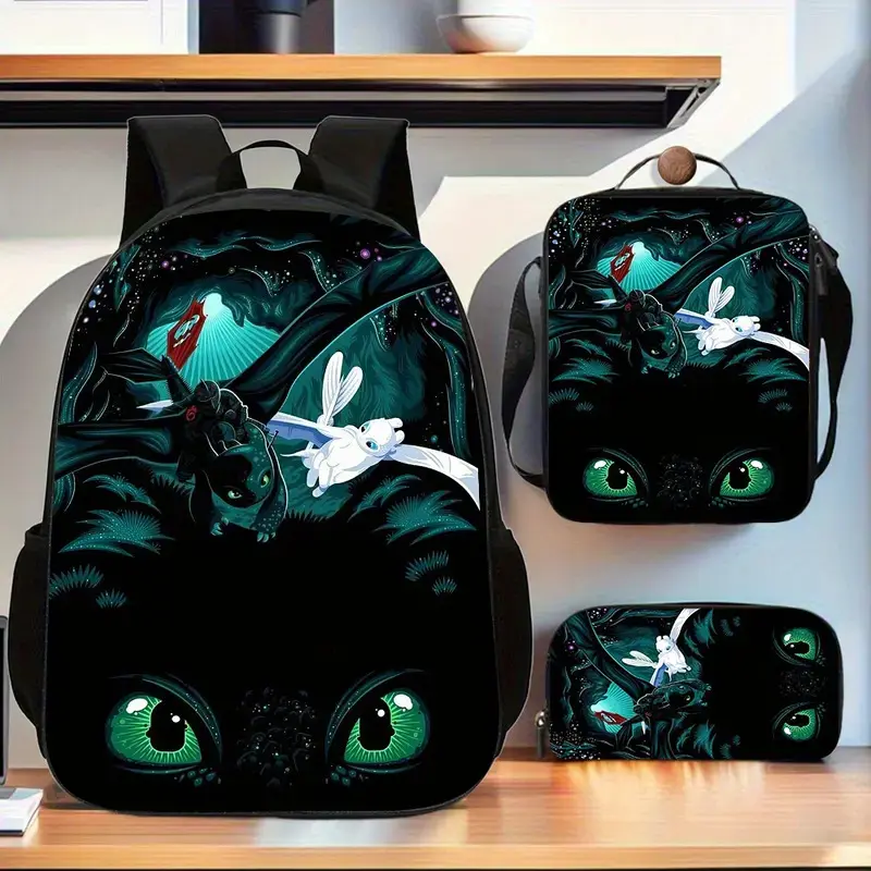 Kids' 3-Piece Backpack Set, Dark Fantasy Toothless & Light Fury Waterproof School Bag with Thermal Insulated Lunch Box & Pencil Pouch, Dragon Art, Safe Ink, Polyester, Unisex, Toothless Eyes, 3-Pieces, Forest Stars
