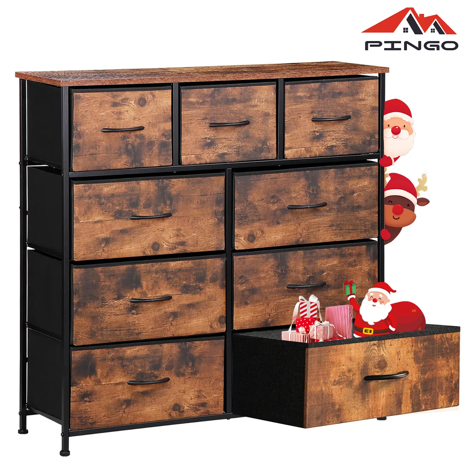 [Deal Limited] PINGO Multifunction Tall Tower with Smooth Wooden Top & 9 Fabric Drawers, Dresser Storage Cabinet for Home, Dormitory Closet, Entryway,