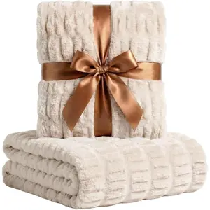 Soft Faux Fur Throw Blanket - 50" x 60", Elegant Ruched Blanket, Machine Washable and Wrinkle Resistant, Lightweight Beige Throw Blanket for Couch, Sofa and Bed