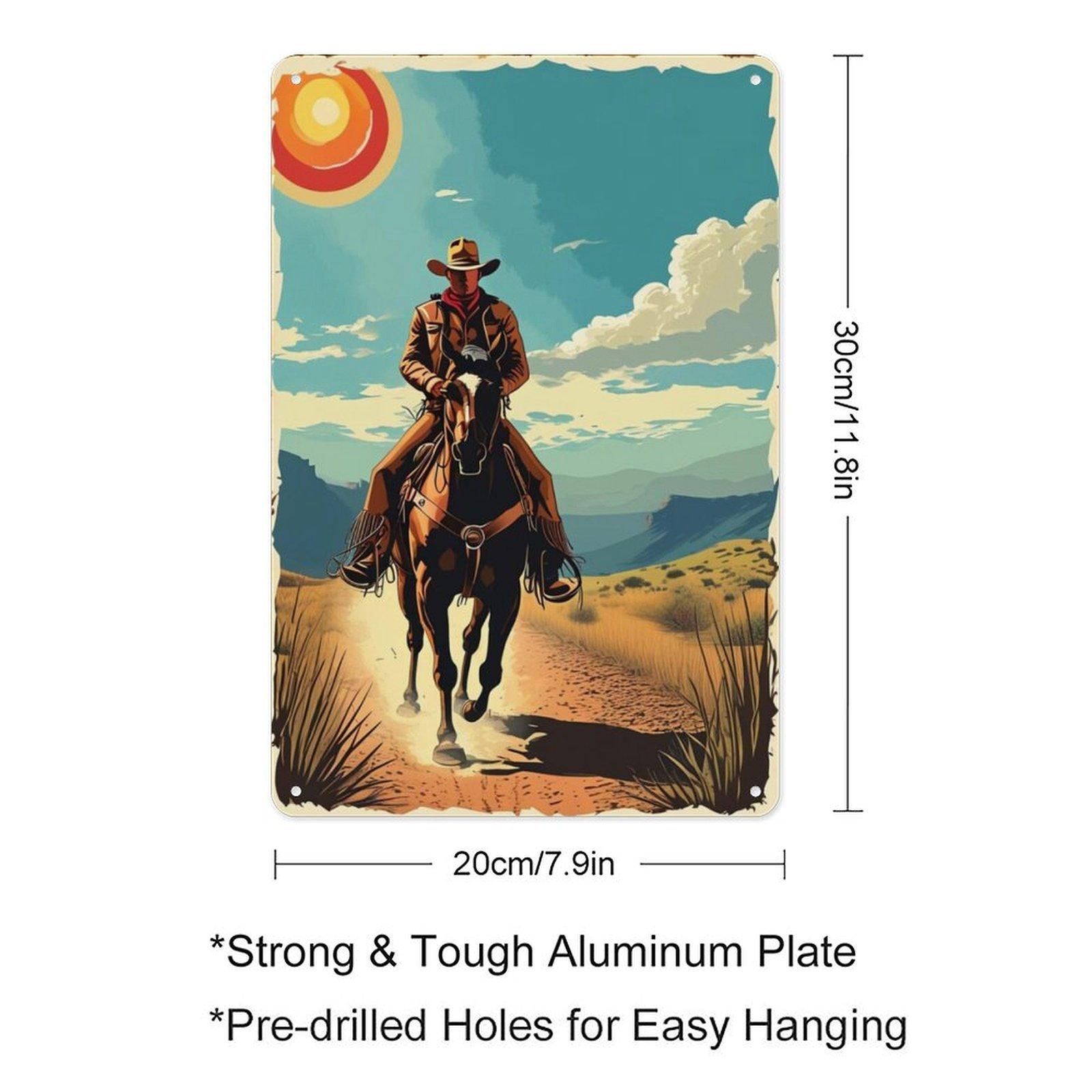 8x12 Inch Aluminum Metal Sign - Retro Western Cowboy Landscape, Rustic Farmhouse Wall Decor, Vintage Cowboy & Horse Tin Plaque