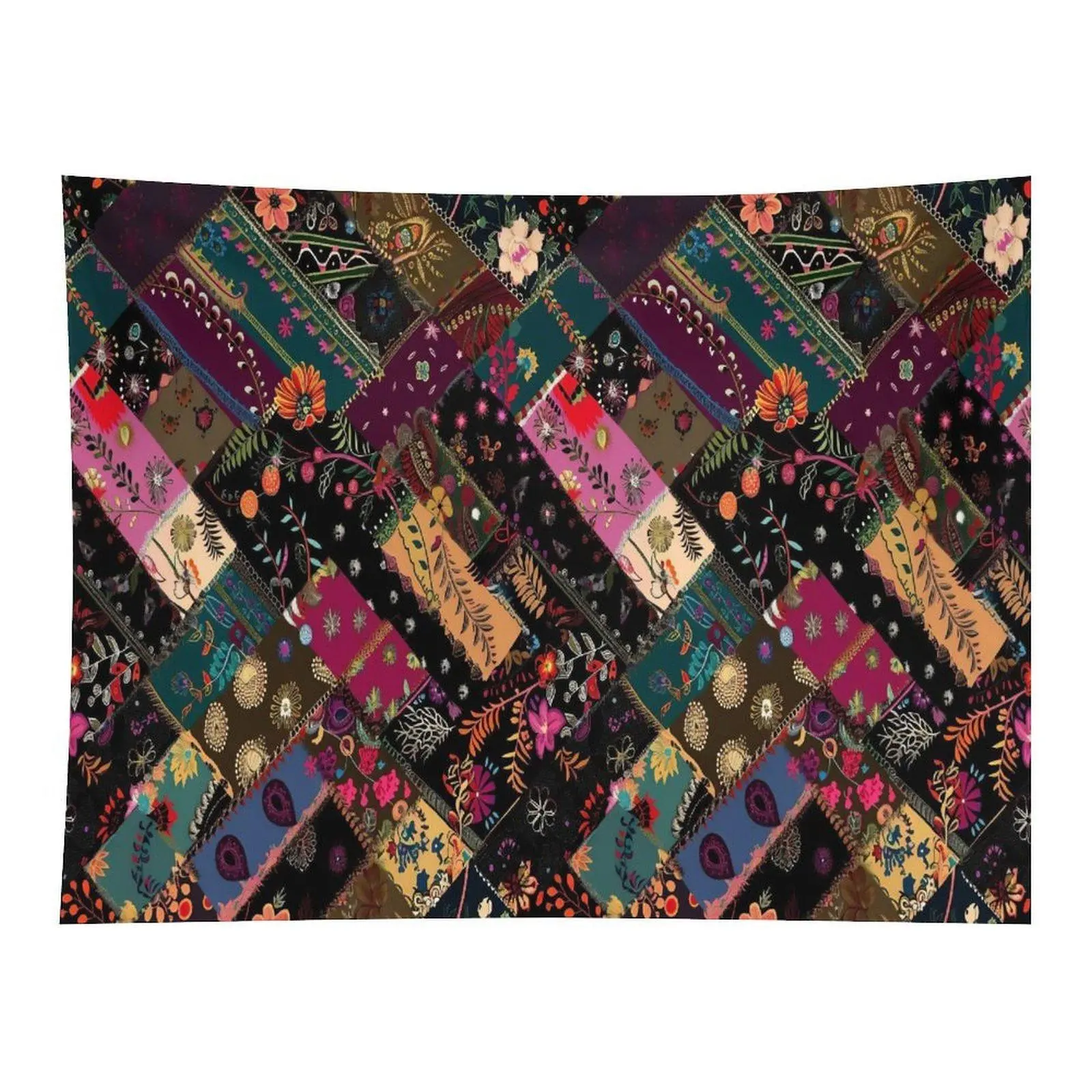 Vintage Patchwork Multi Color Floral Leaf Retro Quilt Splicing Seamless Repeat Pattern Dark Background Decor Wall Tapestry