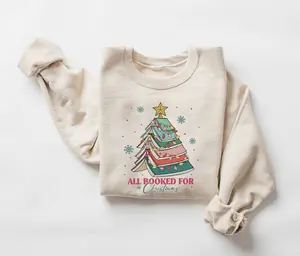 All Booked For Christmas Sweatshirt, Gift for Librarian, Bookworm Christmas Sweater, Christmas Book Tree Sweatshirt, Book Lovers Christmas Sweatshirt, Holiday Sweater, Cute Christmas Sweatshirt, Winter Christmas Gifts