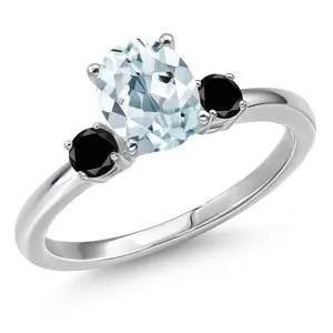 Gem Stone King 14K White Gold Sky Blue Aquamarine and Black Diamond 3-Stone Engagement Ring For Women | 1.40 Cttw | Oval 8X6MM and Round 3MM | Three Stone Wedding Engagement Anniversary Ring
