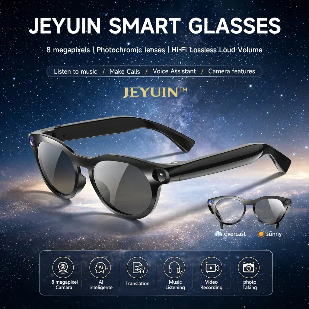 JEYUIN Smart Camera Glasses - Unisex Adult Bluetooth Audio Vlogging Equipment, Hands-Free Recording, Photo Capture, Real-Time Translation, Compatible with iPhone & Android for Travel, Outdoor Adventures