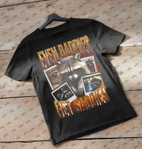 Even Baddies Get Saddies Raccoon Vintage T-Shirt, Homage Retro 90s Graphic, Ideal Gift for Meme Enthusiasts