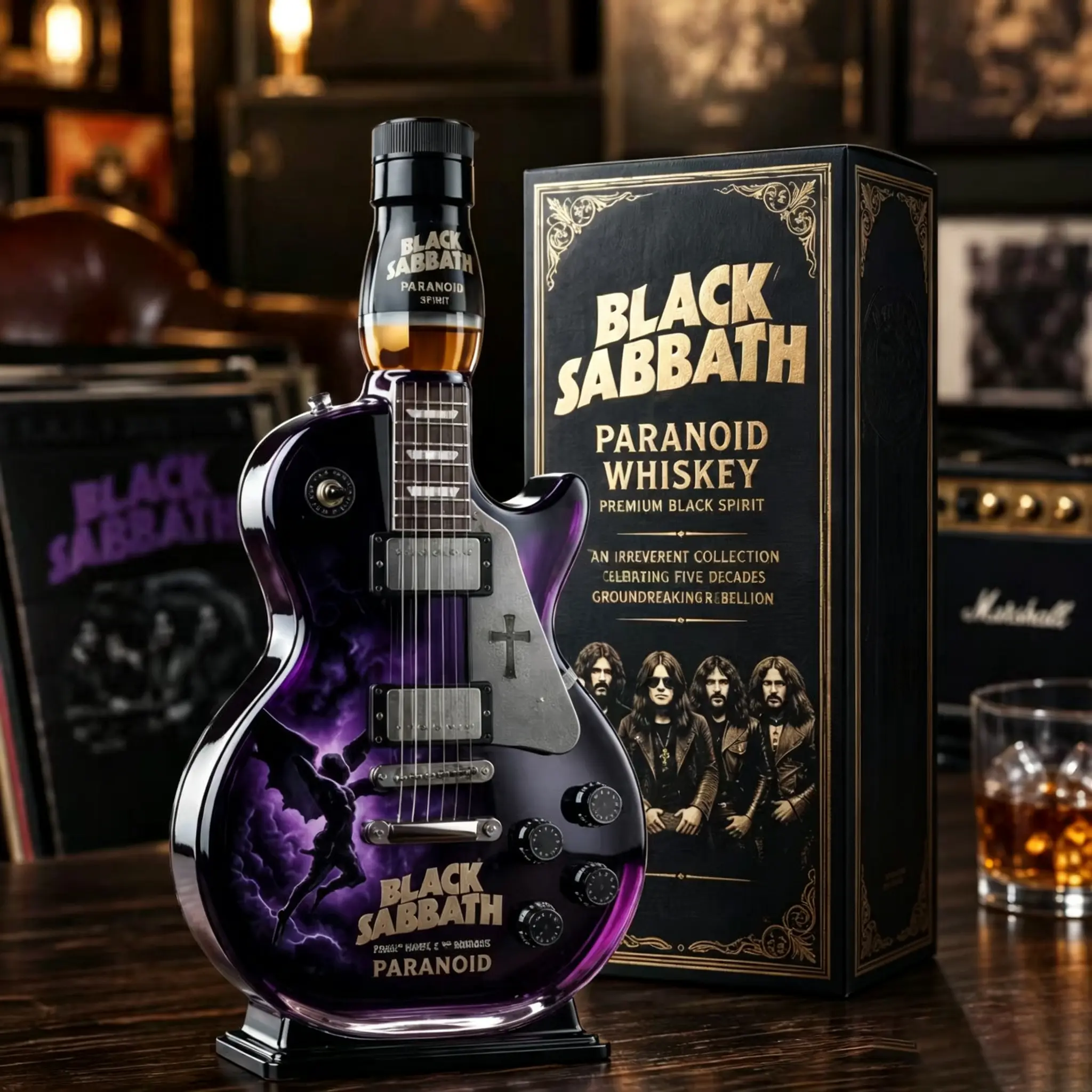 Black Sabbath Paranoid Slash Les Paul Guitar Whiskey Decanter - Shaped Glass Liquor Bottle, Hard Gift Box Included, Decorative Collectible for Heavy-Metal Rock Fans, Home Bar Display Novelty Gift