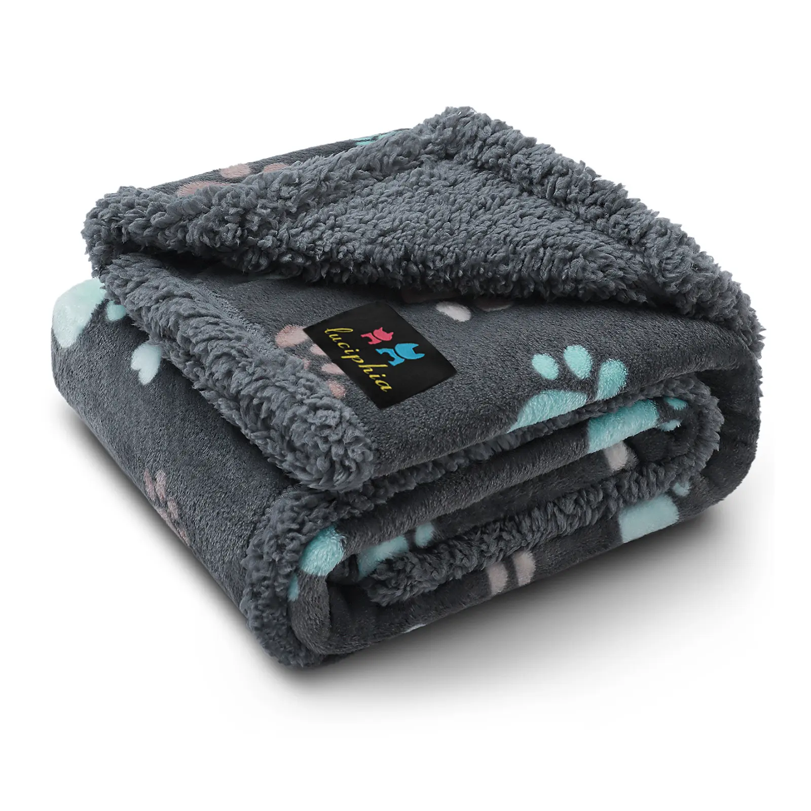 Luciphia Waterproof Fleece Pet Blanket - 100x85 Inches Thick, Soft Fluffy Reversible, Liquid Pee Proof Washable, Furniture Protection for Couch, Sofa, Bed, Car, Contemporary Grey Paw Design for Dogs & Cats, Paws, Leak Stopped