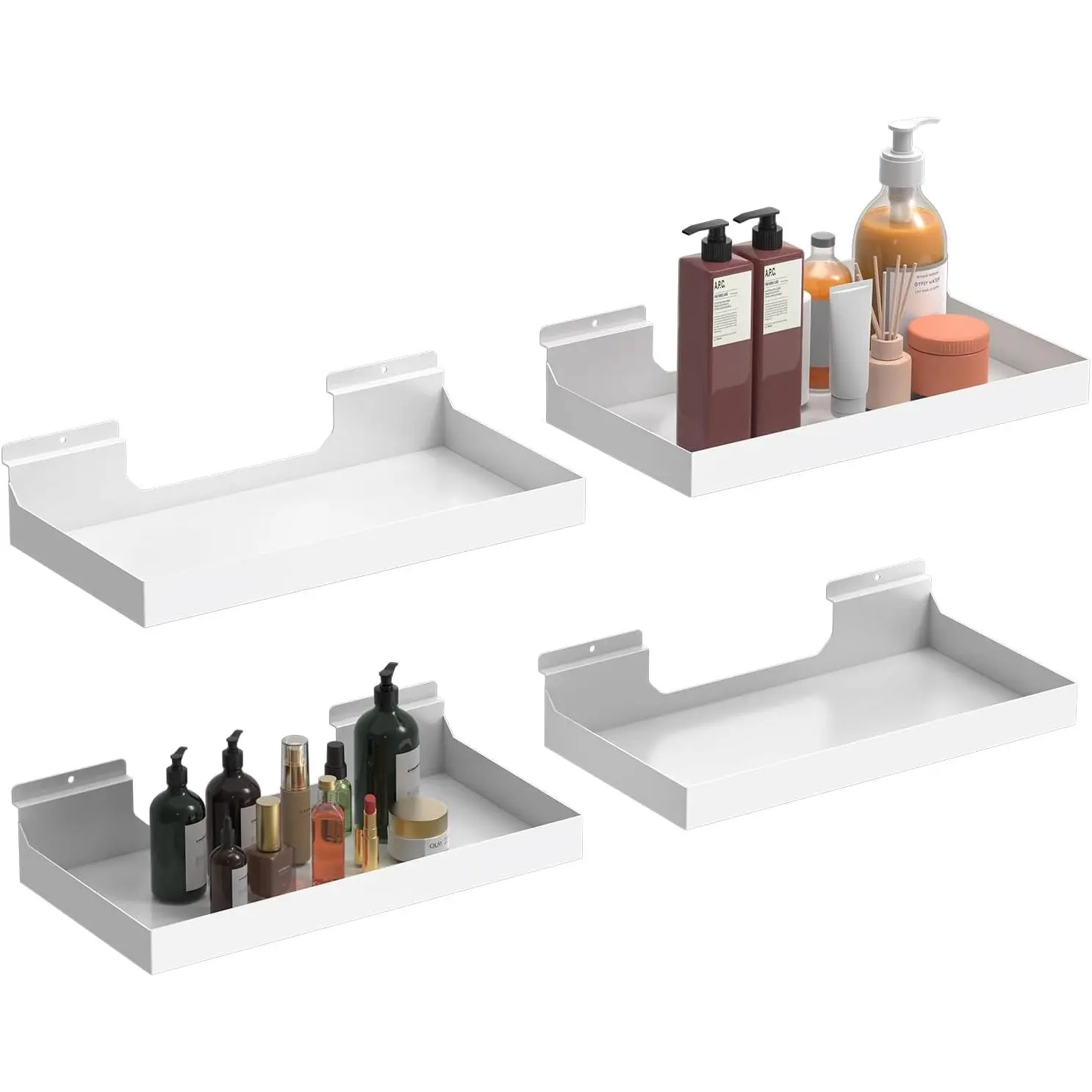 4 count 16X8 Inch Slatwall Shelves, Heavy Duty Slatwall Baskets, Metal Slat Wall Shelves Accessories, Metal Retail Display for Storage and Organization, White