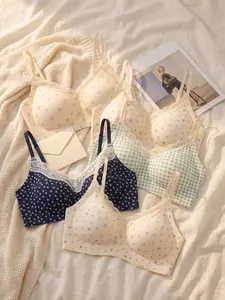 Women's Lace Trim Bra Set, Sweet & Cute & Sexy Gathered Comfortable Floral Wireless Bras, Push up Fixed Cup No Steel Ring Design, All Season Wear